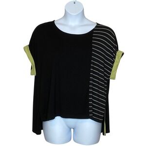 Lisa Bayne Womens Colorblock Top Size M Black Oversized High Low Lagenlook Artsy